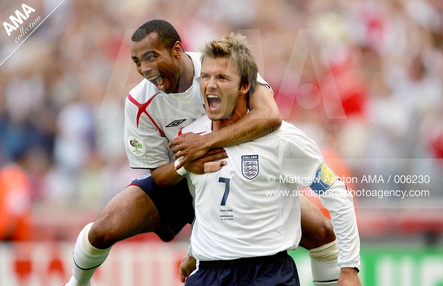 10 June 2006 FIFA World Cup 2006 - Group B - England v Paraguay - David Beckham of England celebrates with Ashley Cole after the first goal