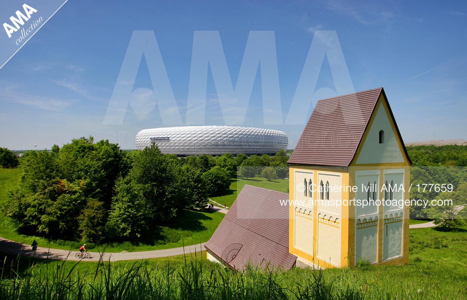 2012 May 2012 - UEFA Champions League Final 2012 Preview - A view of a church in front of the Allianz Arena stadium, home of Bayern Munich venue for the UEFA Champions League Final 2012 