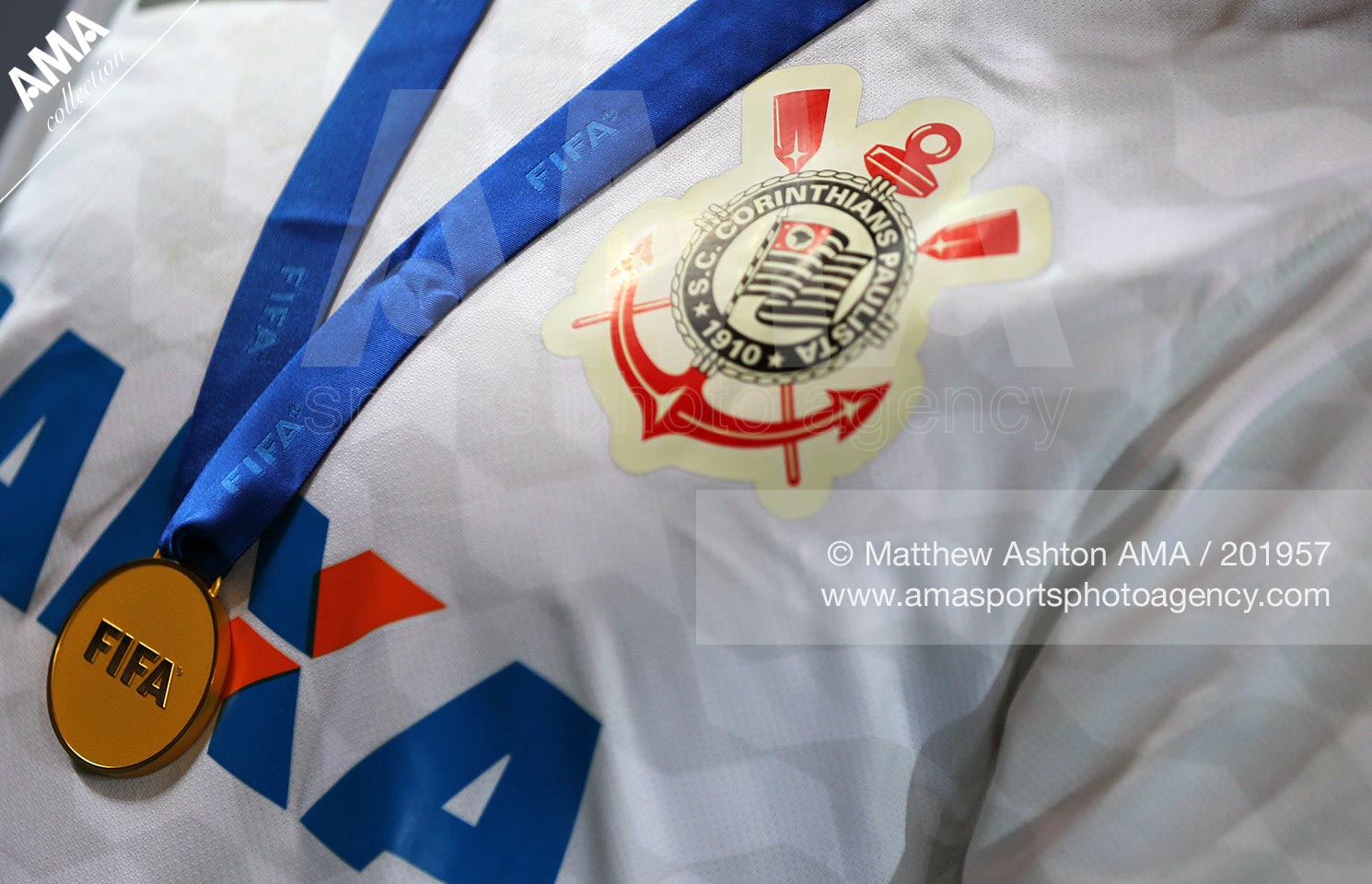 16 December 2012 - FIFA Club World Cup 2012 Final - Sport Club Corinthians Paulista v Chelsea - The shirt of Sport Club Corinthians Paulista with a gold winners medal