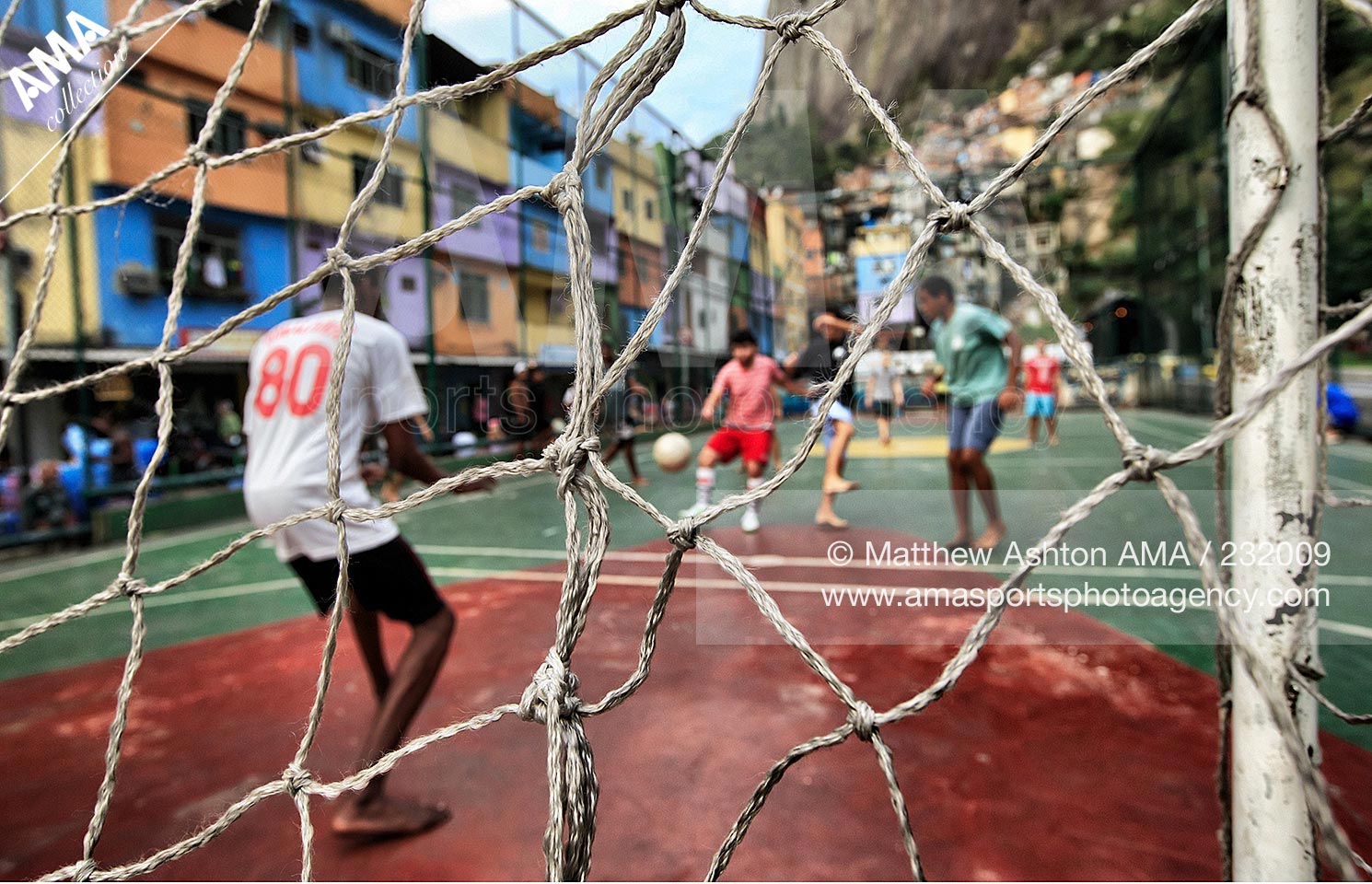 29 June 2013 - Football in Favela Rochina, Rio de Janeiro, Brazil, the biggest Favela in South America - A football goal and net in the Quadra Futsal court in Favela Rocinha, the biggest Favela in South America in Rio de Janeiro.