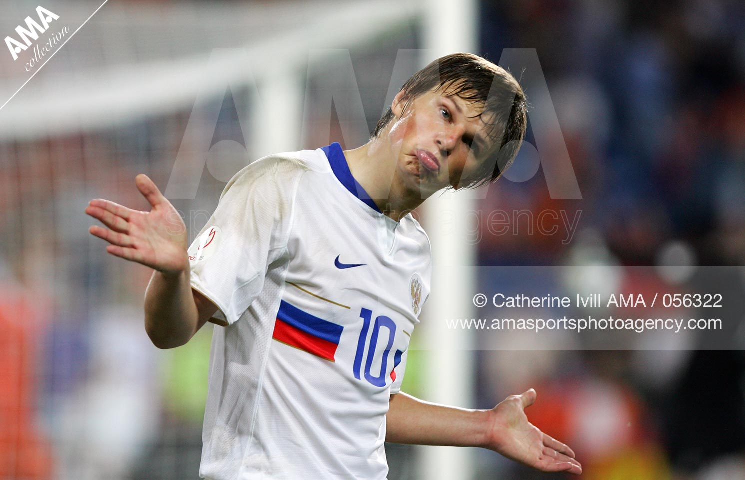 21 June 2008 - Euro 2008 - Quarter Final - Netherlands v Russia - Andrei Arshavin of Russia pulls a funny face after his cross enables Dmitri Torbinski of Russia to score to make it 1-3