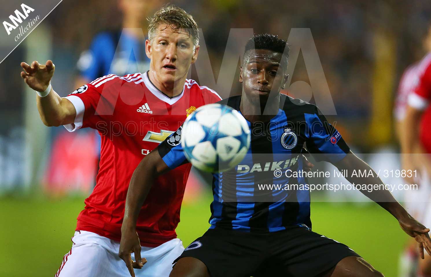 26 August 2015 UEFA Champions League Play Off Round Second Leg - Club Brugge v Manchester United - Bastian Schweinsteiger of Manchester United and Abdoulay Diaby of Club Brugge battle for the ball © Catherine Ivill / AMA 319831