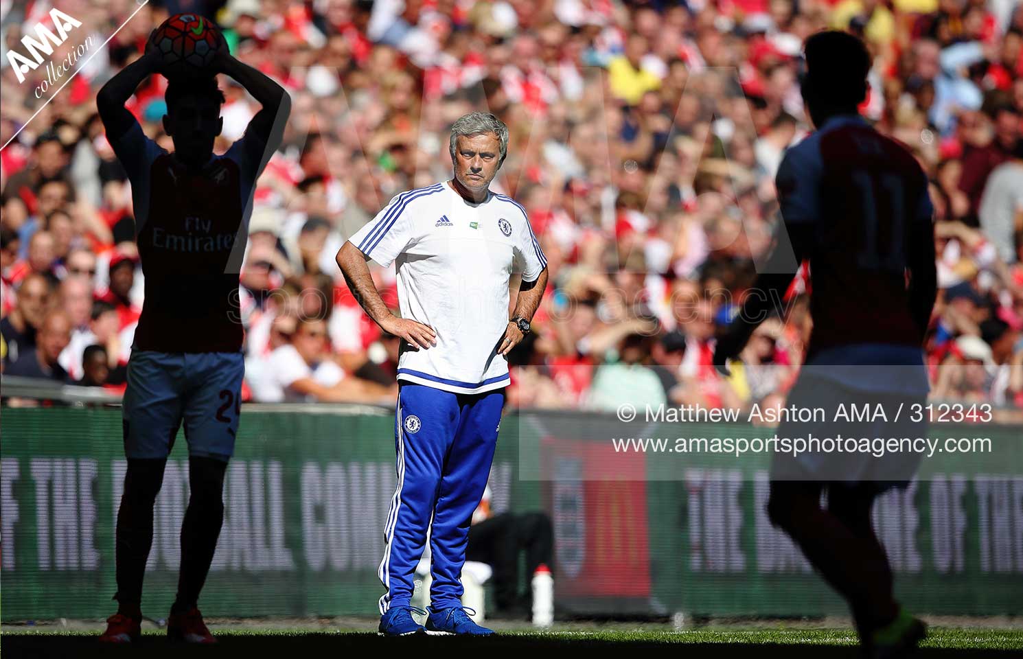 2 August 2015 FA Community Sheild - Arsenal v Chelsea - Jose Mourinho the head coach / manager of Chelsea watches Aaron Ramsey of Arsenal take a throw in  © Matthew Ashton / AMA 312343