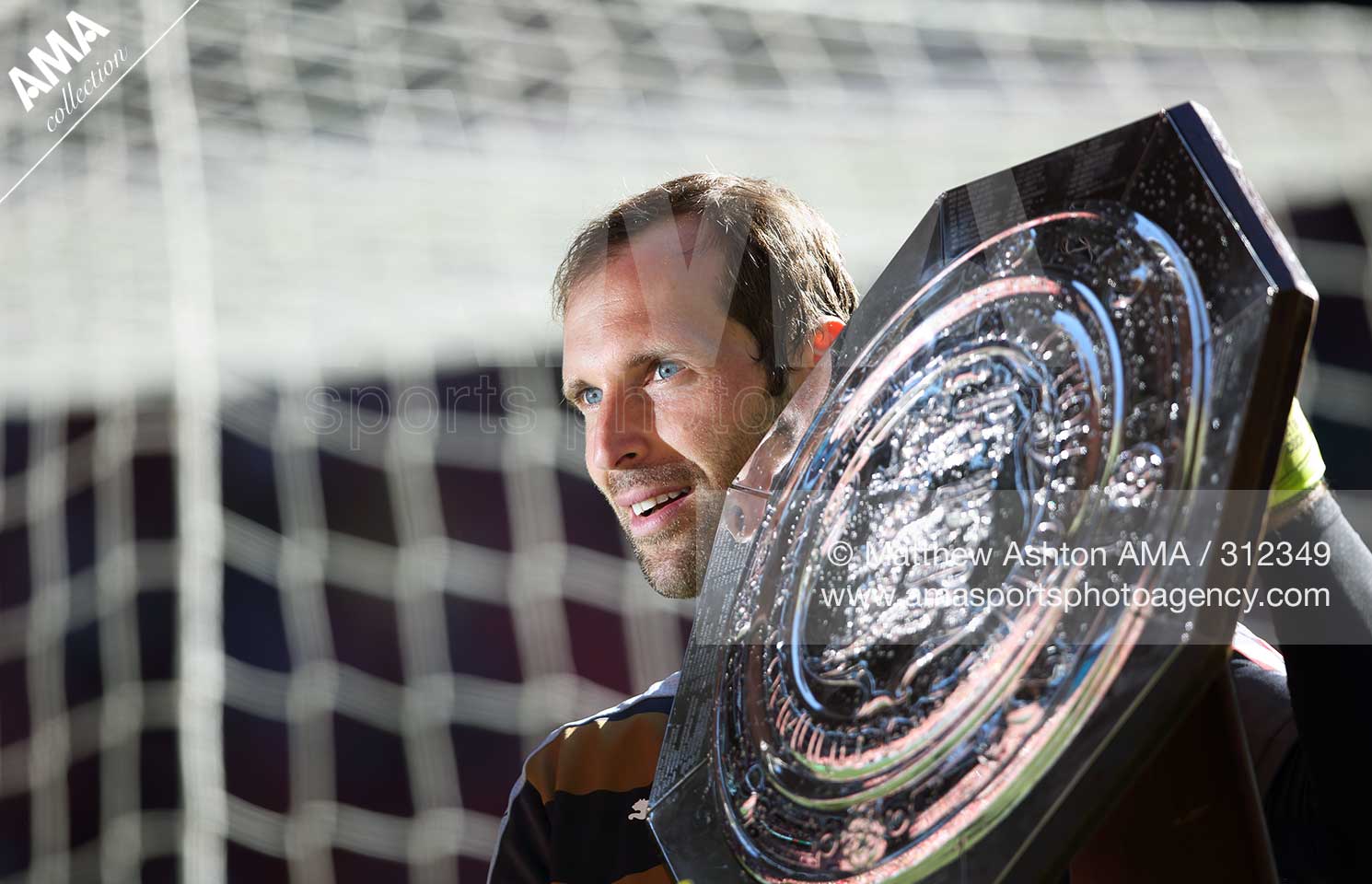 2 August 2015 FA Community Shield - Arsenal v Chelsea  - Petr Cech of Arsenal with the FA Community Shield trophy  © Matthew Ashton / AMA 312349