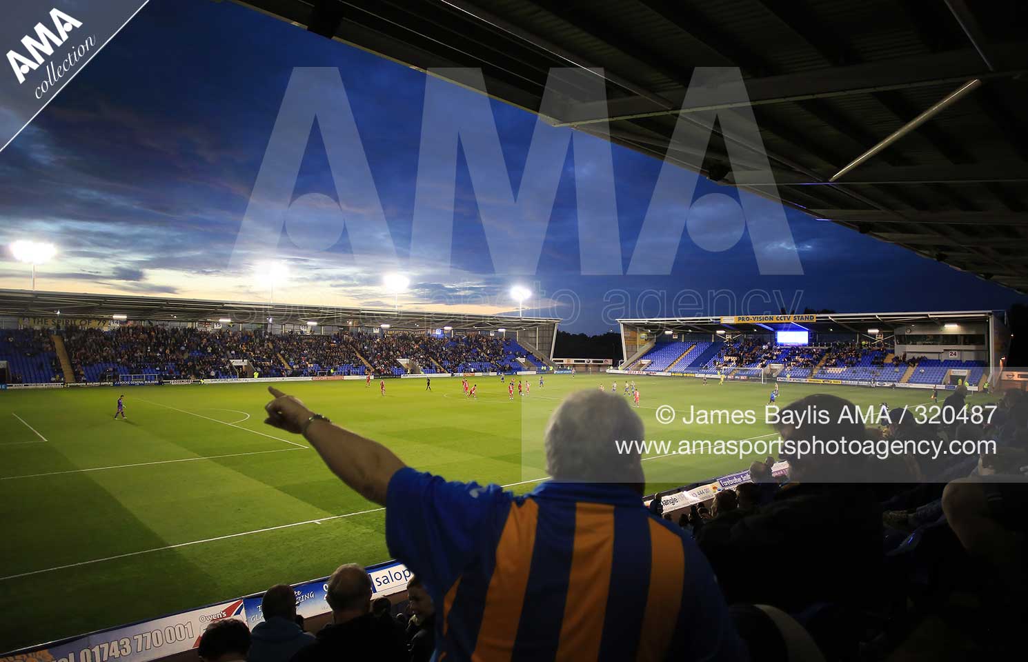 18 August 2015 Sky Bet League One - Shrewsbury Town v Chesterfield - Shrewsbury Town fans watch the game at the Greenhous Meadow Stadium  © James Baylis/ AMA 320487