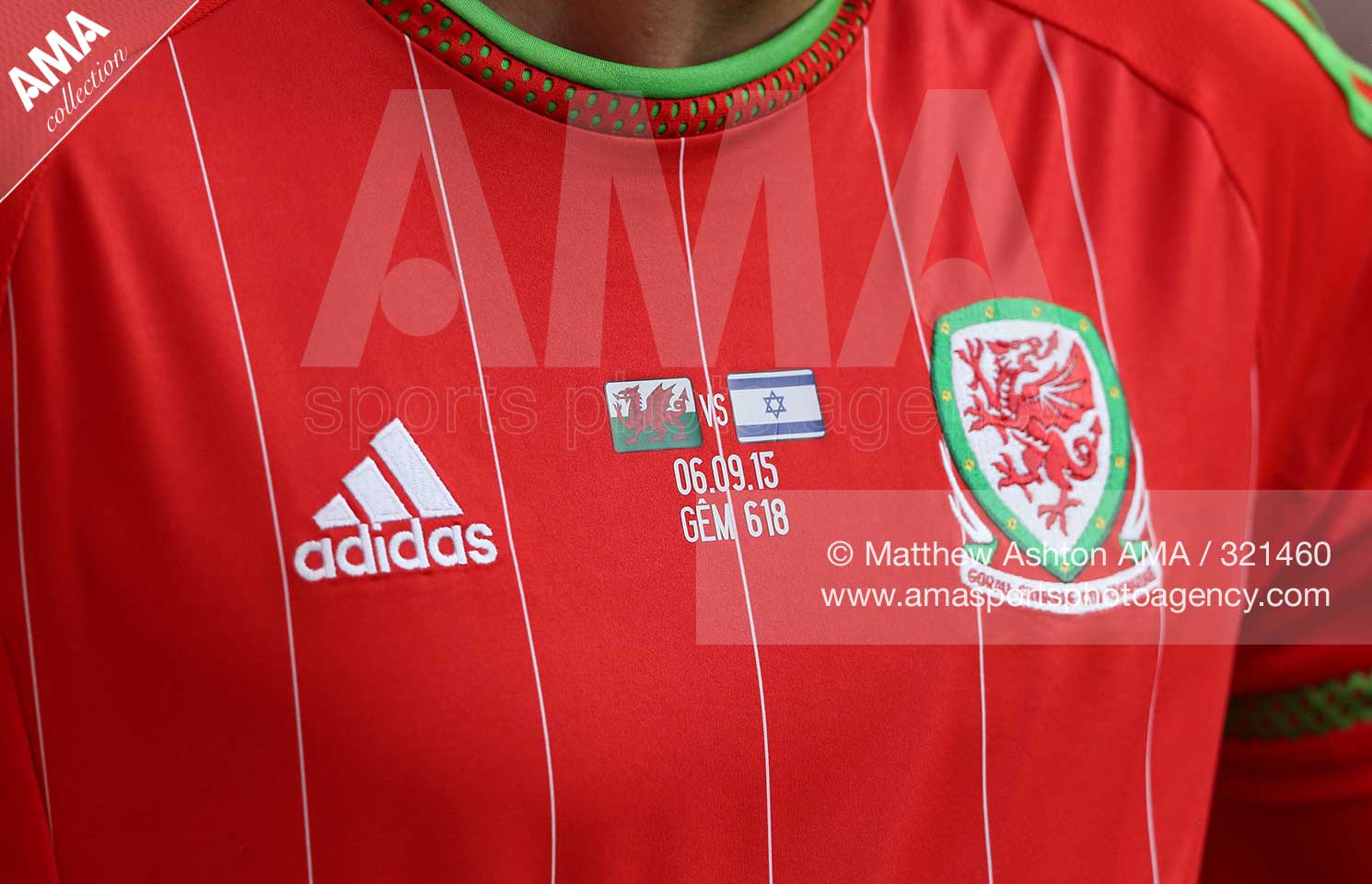 A close up of the Adidas Wales shirt with the flags of Israel and Wales