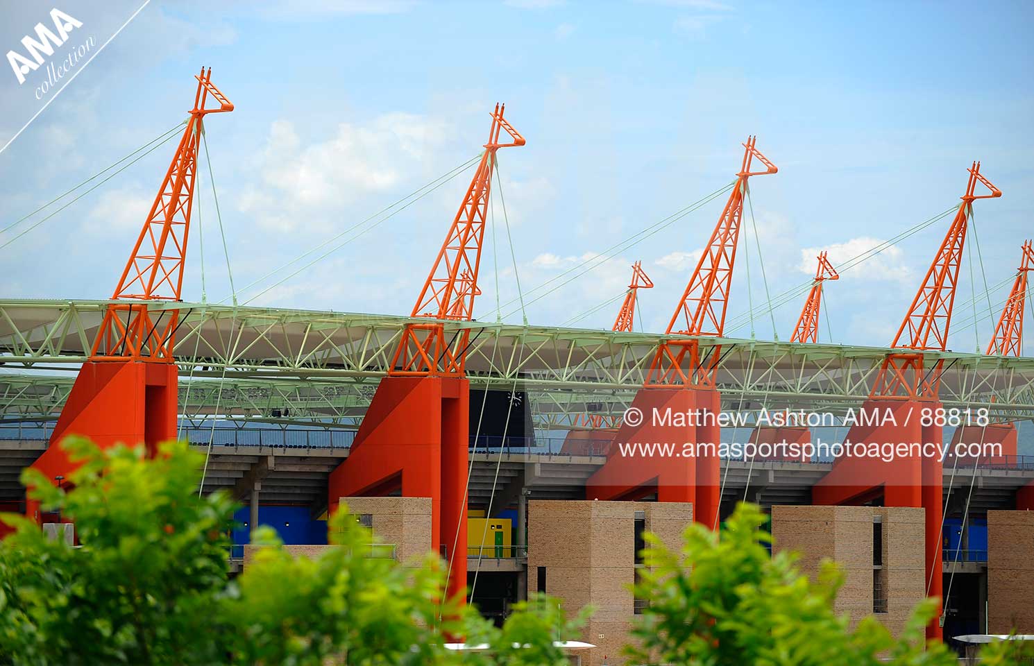 Giraffe structures tower out from the stadium at the Mbombela Stadium in Nelspruit 