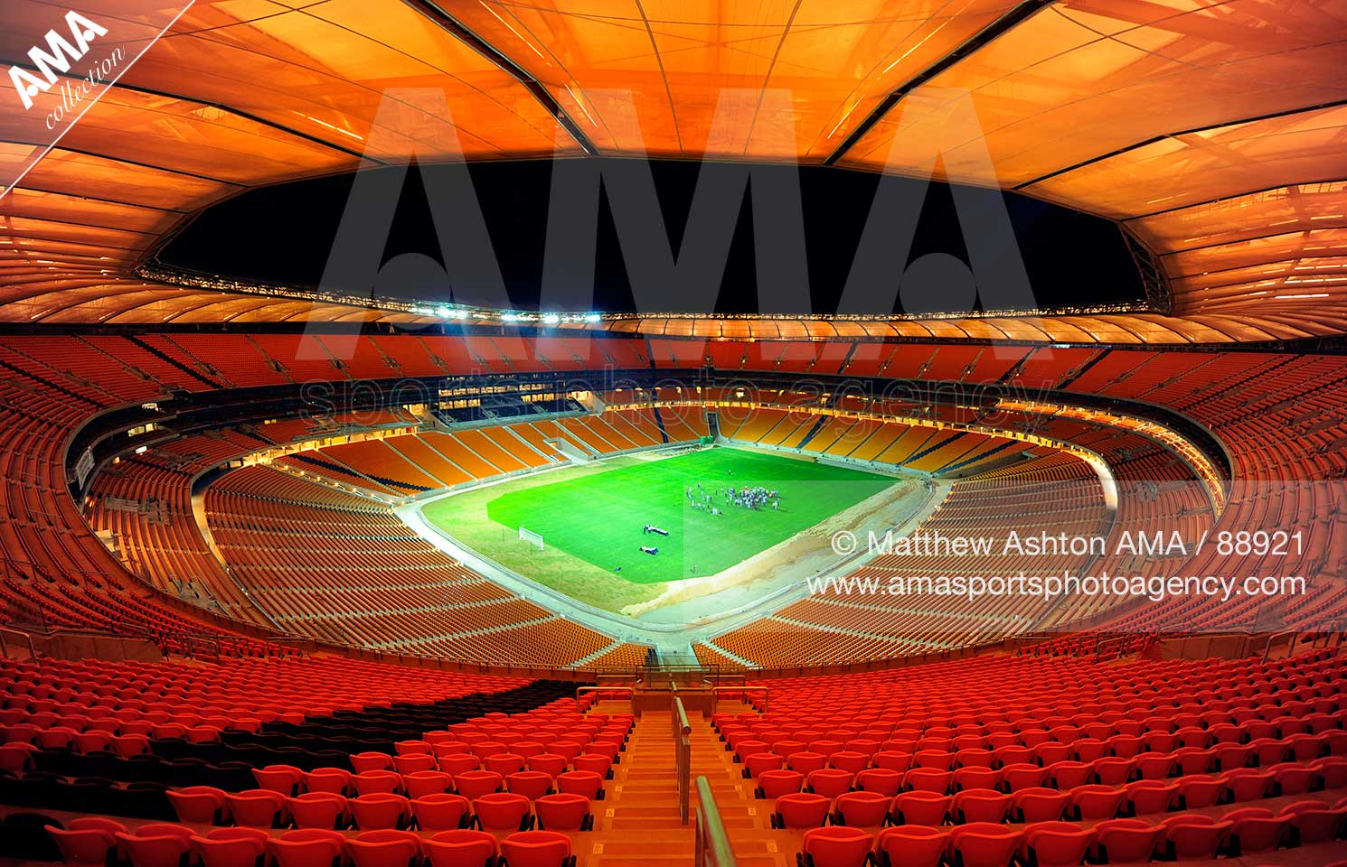 The floodlights are official switched on at the Soccer City Stadium in Johannesburg, South Africa. The host venue for the opening ceremony and FIFA World Cup 2010 Final.