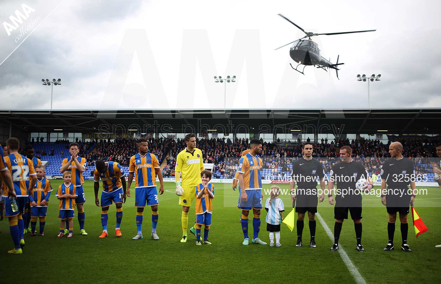 Sky Bet Football League One - Shrewsbury Town v Colchester United - A helicopter from RAF Shawbury departs from the pitch at the Greenhous Meadow stadium after delivering the match ball for the Sky Bet Football League One fixture Shrewsbury Town v Colches