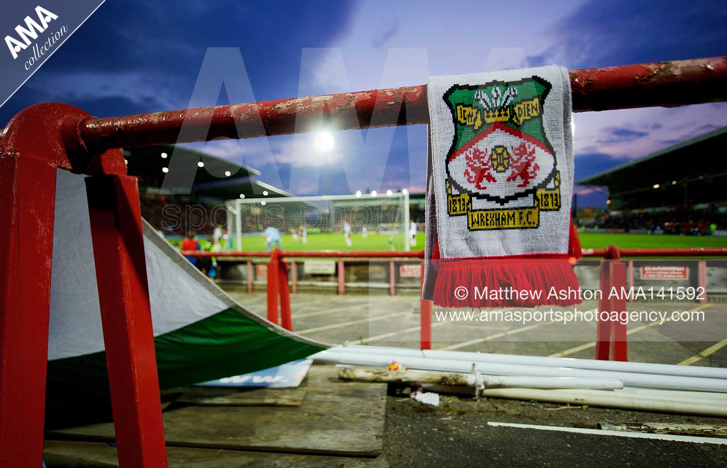 Blue Square Bet Premier Conference Play Off Semi Final - First Leg - Wrexham v Luton Town - A scarf of Wrexham on the abandoned terrace at The Racecourse Ground the home stadium of Wrexham