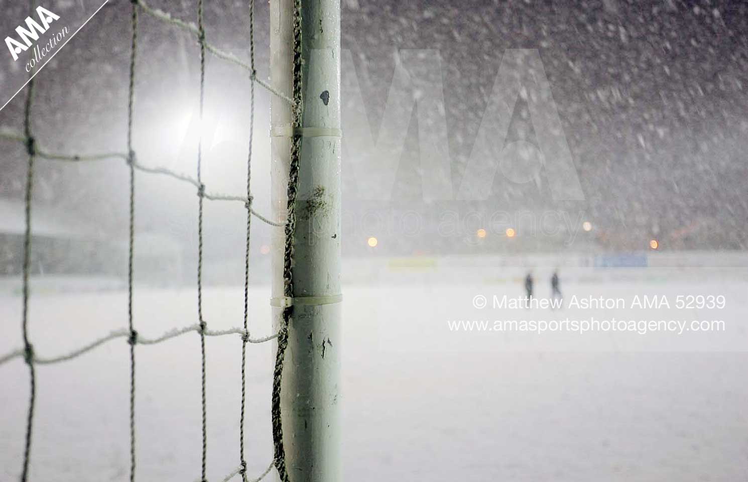 Welsh Premier League  - Aberystwyth Town goalkeeper Richard Morgan stands in a blizzard at Park Avenue before it was abandoned due to heavy snow fall. Before the game was postponed, the score was Aberystwyth 1-2 TNS