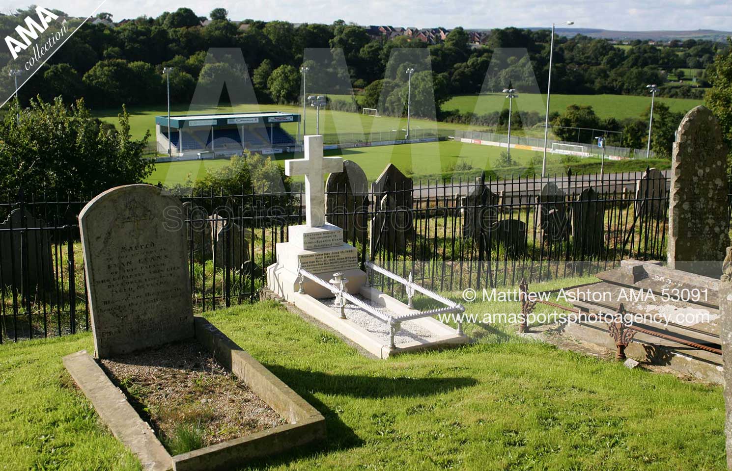 View of New Bridge Meadow, home of Haverfordwest County FC from St David's Church cemetery