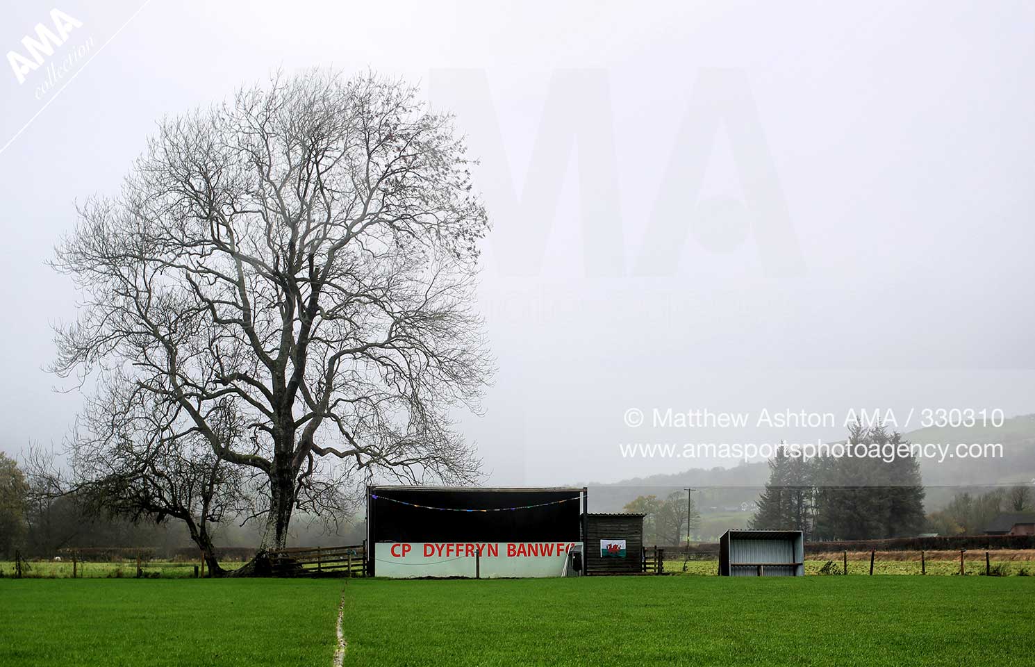 Welsh Football Grounds - Dyffryn Banw F.C - The stand and dug outs at Cae Morfa ground in Llangadfan Mid Wales, home of Dyffryn Banw F.C