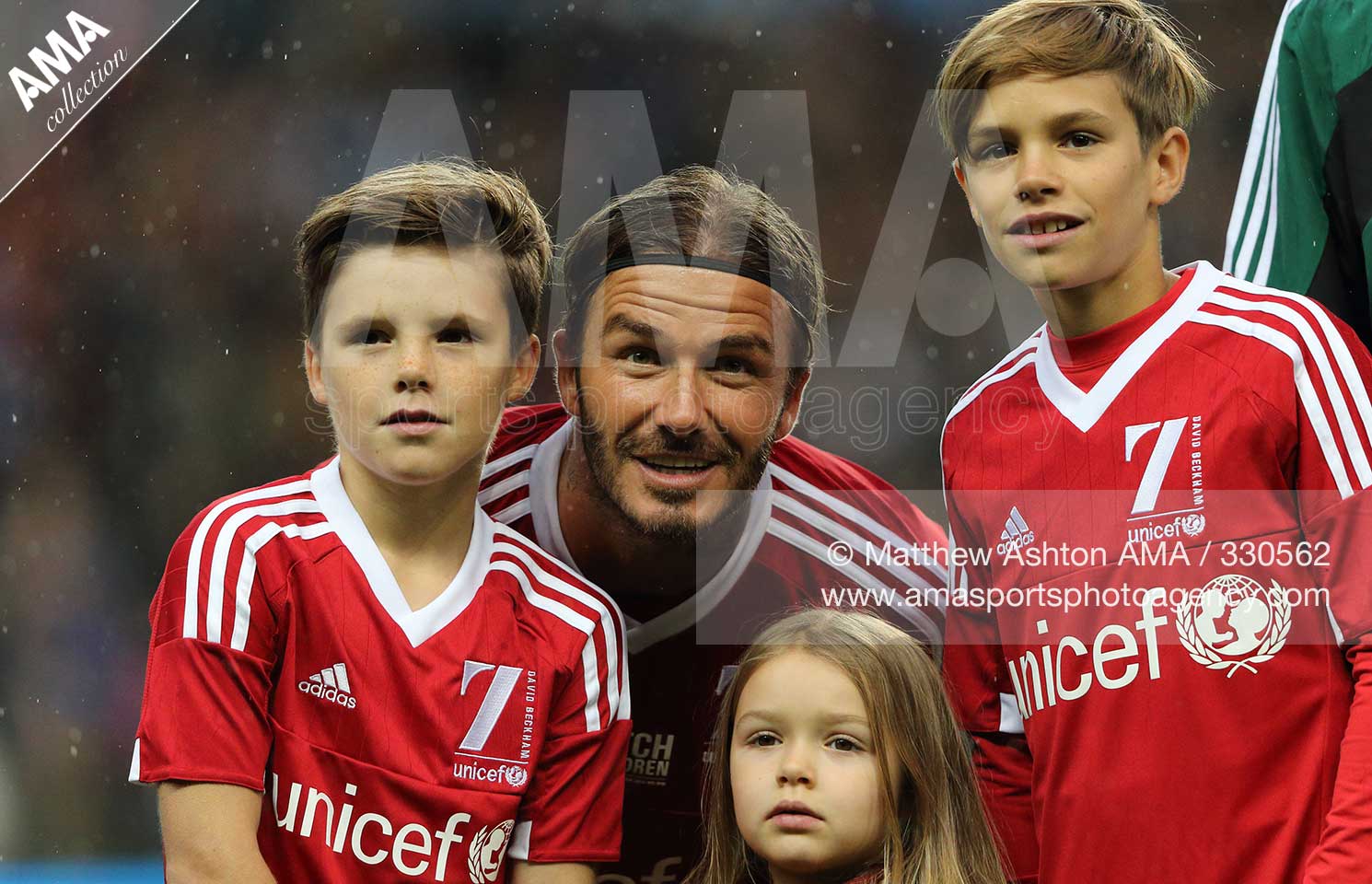 David Beckham Match for Children in aid of UNICEF - Great Britain and Ireland XI v Rest of the World XI - David Beckham of Great Britain and Ireland XI with his children Cruz, Harper and Romeo