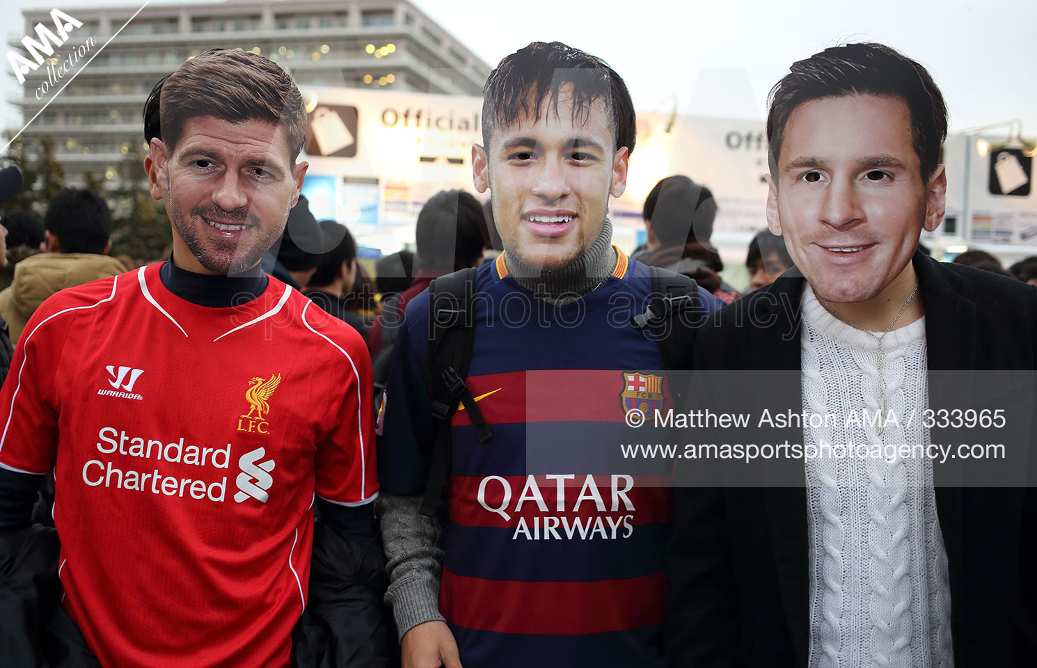 FIFA Club World Cup 2015 : FIFA Club World Cup Semi Final - Barcelona v Guangzhou Evergrande FC - Fans wearing masks of Steven Gerrard and Neymar and Lionel Messi of FC Barcelona MATTHEW ASHTON