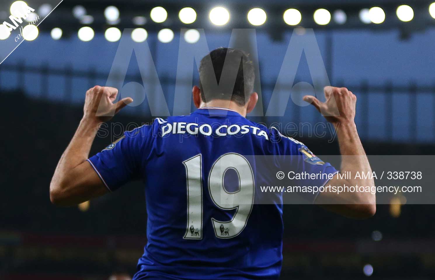 Soccer - Barclays Premier League - Arsenal v Chelsea - Diego Costa of Chelsea celebrates after he scores to make it 0-1