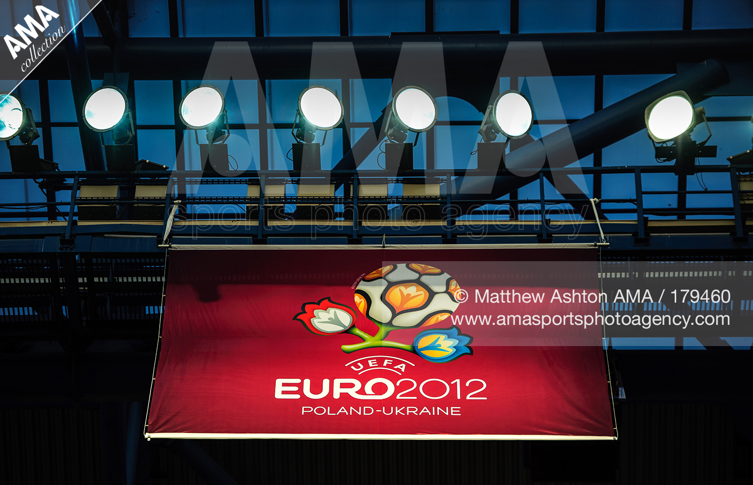 UEFA European Championships  Euro 2012 - Netherlands Training Session - A flag of UEFA Euro 2012 in the roof as the floodlights shine in the Metalist Stadium, home of FC Metalist Kharkiv in the Ukraine
