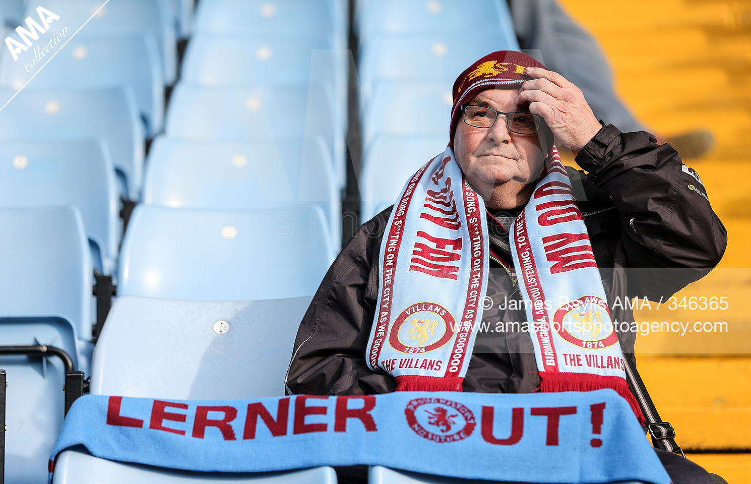 13 March 2016 Barclays Premier League - Aston Villa v Tottenham Hotspur An Aston Villa supporter displays as scarf saying 'Lerner Out' © James Baylis / AMA 346365