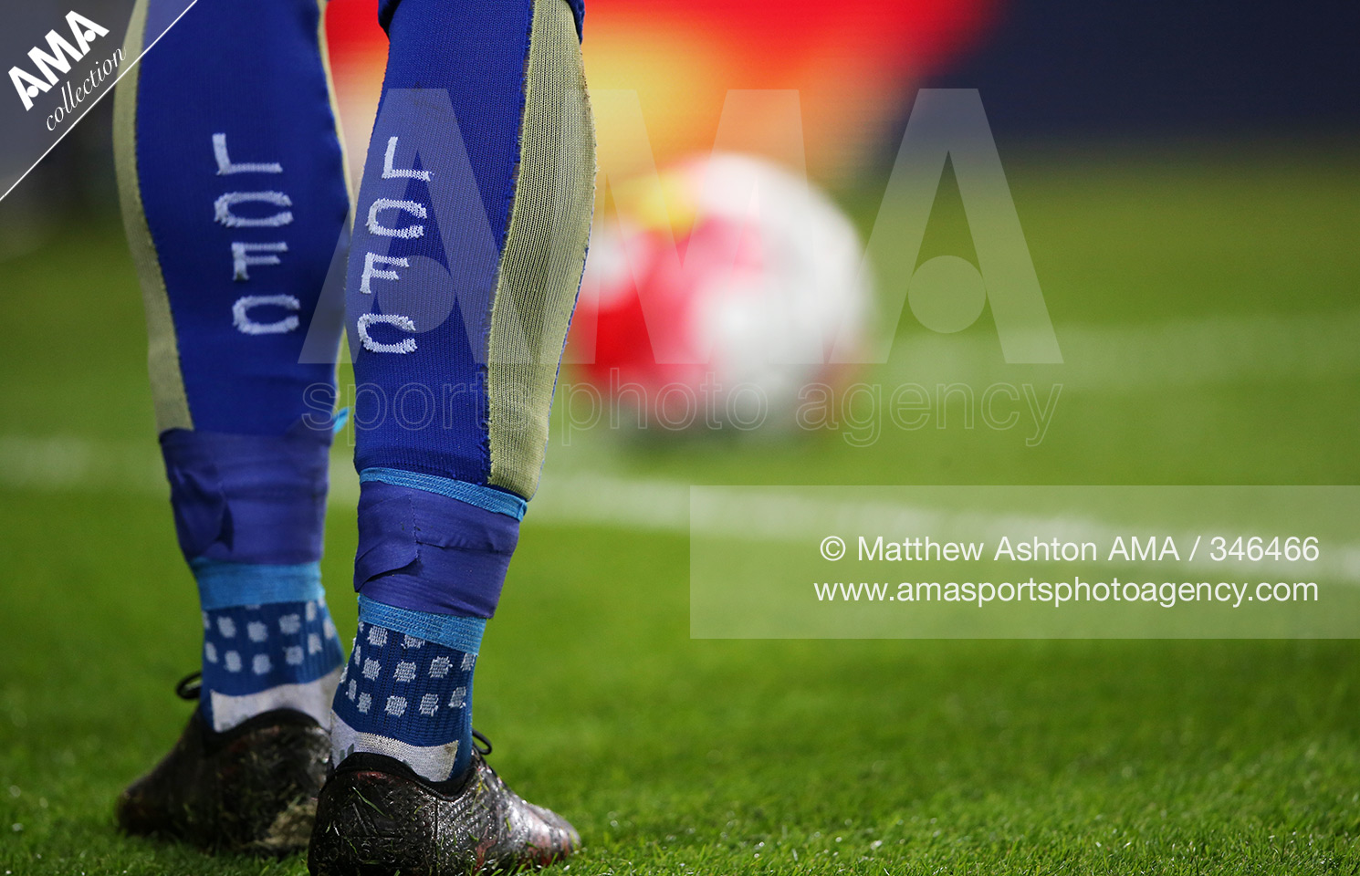 14 March 2016 Barclays Premier League - Leicester City v Newcastle United - LCFC on the socks of a Leicester City player © Matthew Ashton / AMA 346466