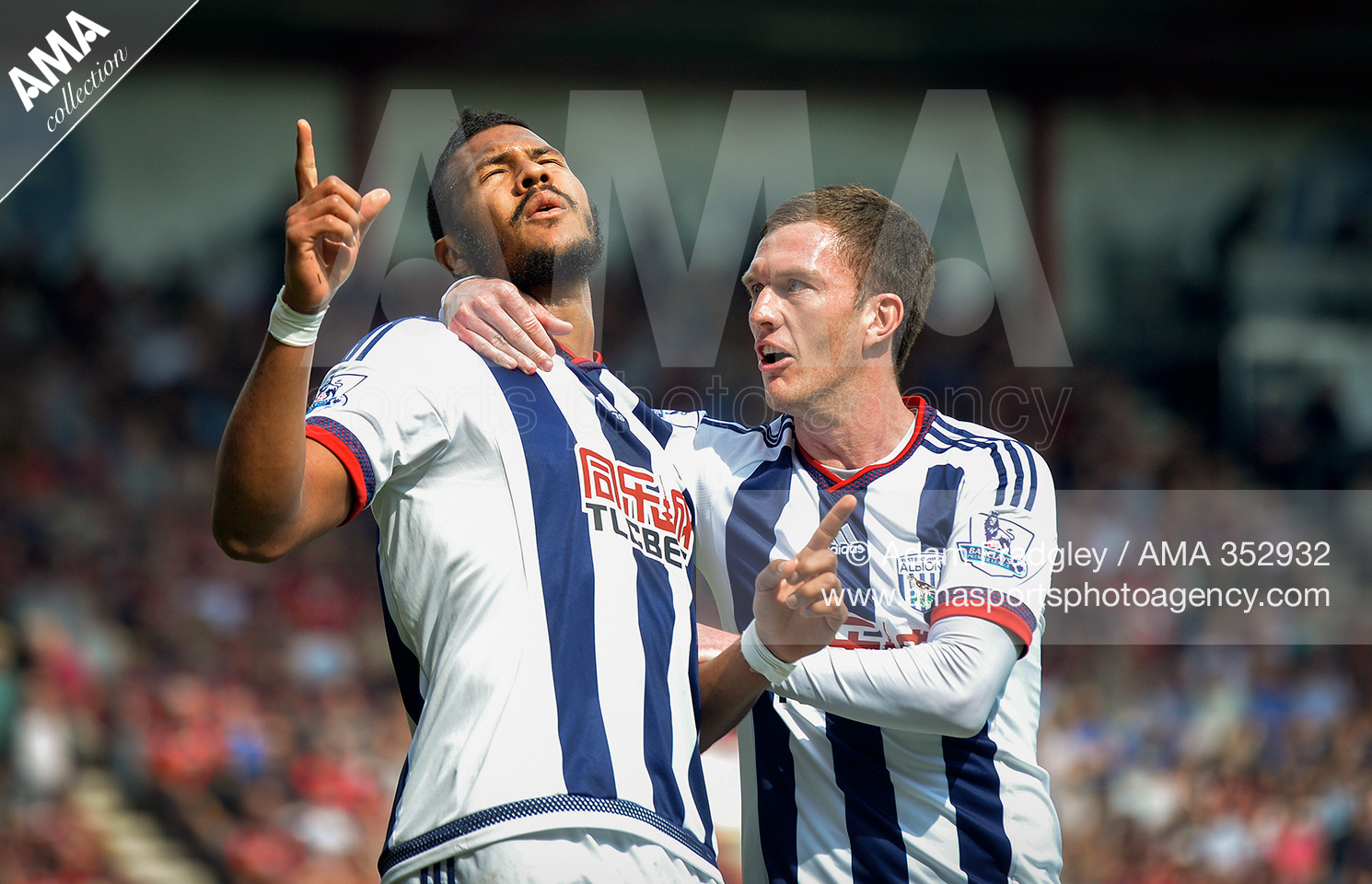 07 May 2016 - Salomon Rondon of West Bromwich Albion celebrates with team-mate Craig Gardner after scoring a goal to make the score 0-1 © Adam Fradgley AMA 352932
