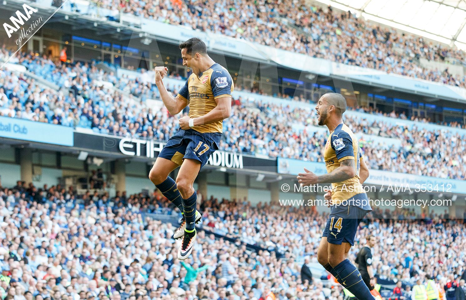 08 May 2016 - Barclays Premier League - Manchester City v Arsenal - Alexis Sanchez of Arsenal celebrates after scoring a goal to make it 2-2 © Matthew Ashton AMA 35341
