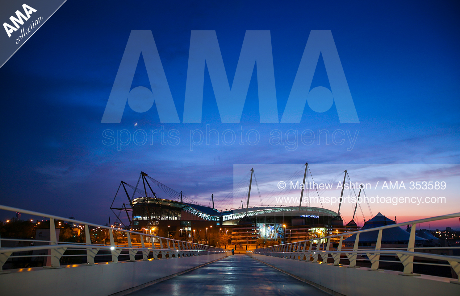 09 May 2016 - Barclays U21 Premier League - Manchester City v Chelsea  - The Ethiad Stadium, home of Manchester City at sunset from the Ethiad Campus bridge © Matthew Ashton AMA 353589