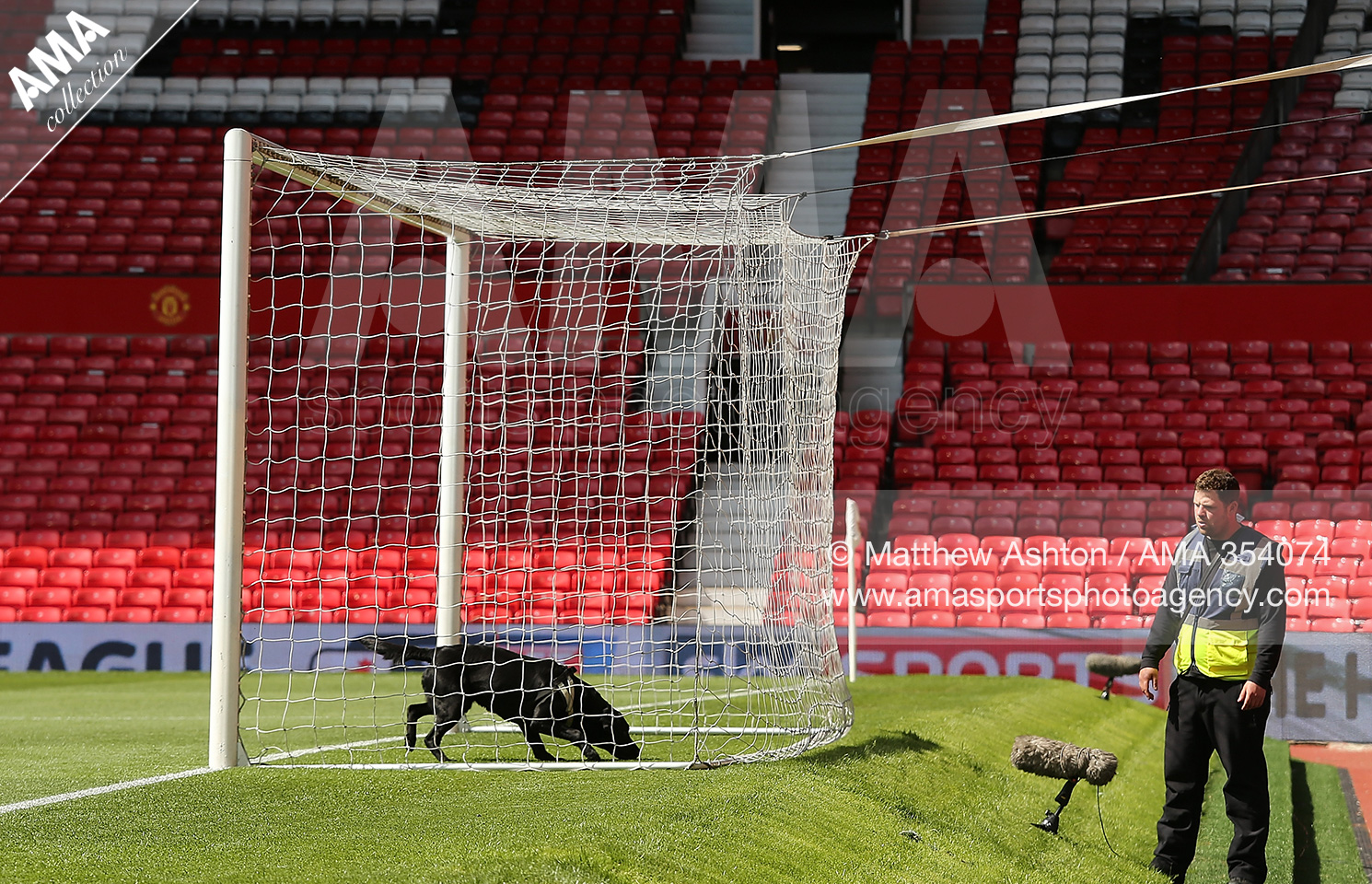15 May 2016 - Barclays Premier League - Manchester United v AFC Bournemouth - A sniffer dog makes checks following a security alert and subsequent match abandonment © Matthew Ashton AMA 354074