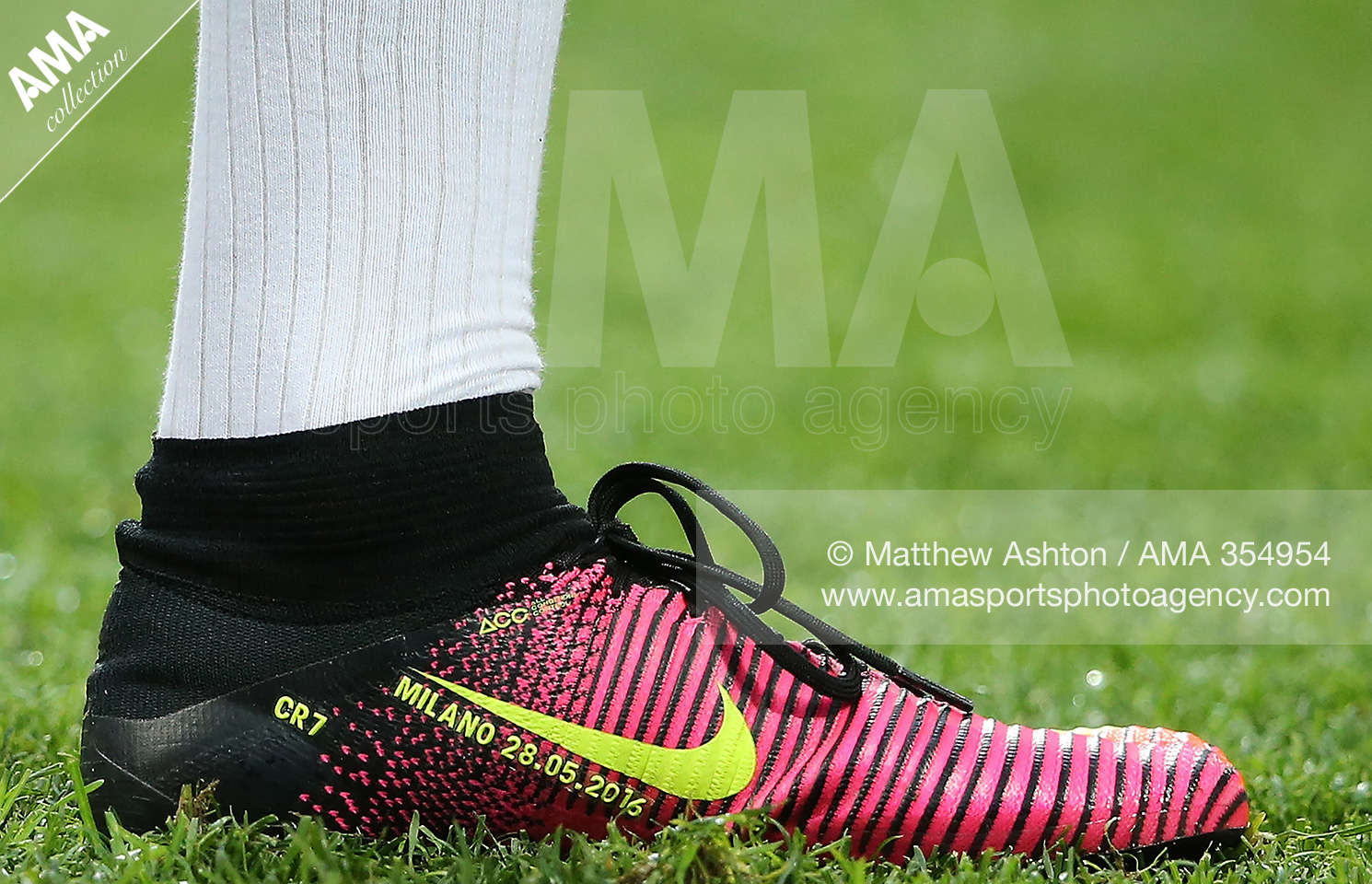 28 May 2016 - UEFA Champions League Final -  Real Madrid v Atletico Madrid - Detail of the Nike boots of Cristiano Ronaldo of Real Madrid, showing CR7 and the date of the final in Milano © Matthew Ashton AMA 354954