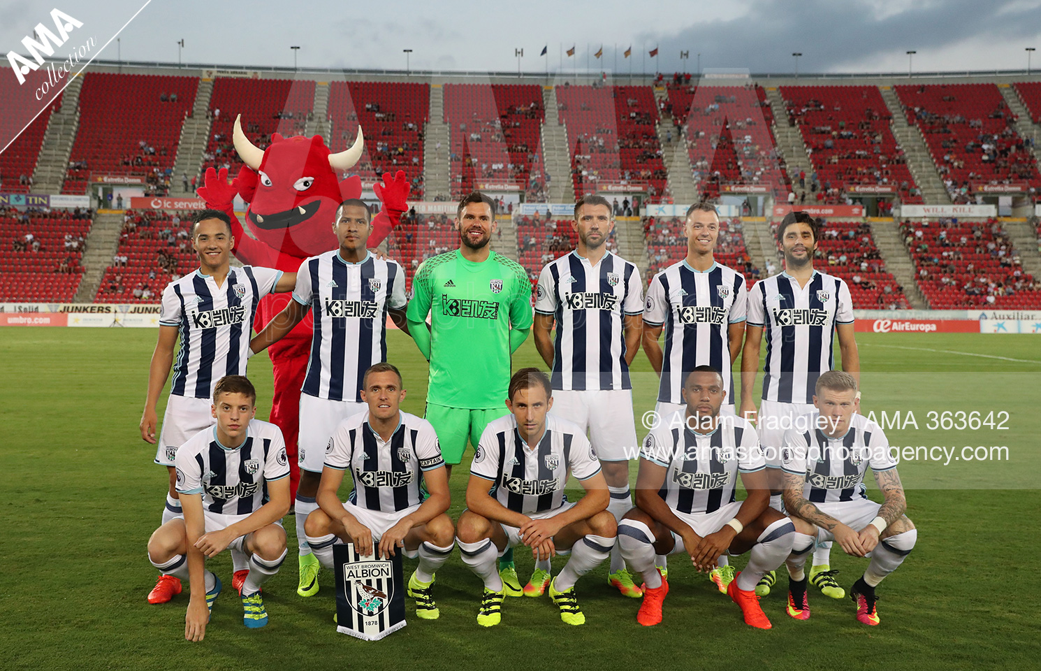 West Bromwich Albion team group with the RDC Mallorca mascot Dimonio